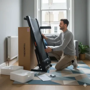 A man unboxing and setting up a folding treadmill in a small room without needing professional help.