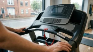 Illustration of a safety stop clip being used during a treadmill recovery session for patient safety.