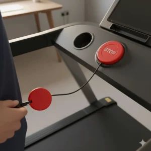Close-up of a red emergency stop safety key clipped to a user’s clothing while using a home office treadmill.