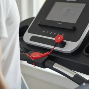 Alt text for image 2: Close-up of a red magnetic safety key and coiled cord attached to a treadmill console for an instant emergency stop.