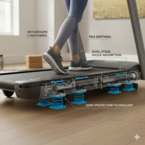 Close-up illustration of a treadmill's shock absorption system designed to protect knees from impact.
