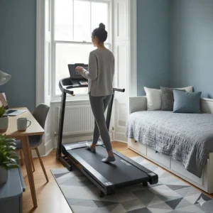 A compact running machine set up in a multi-functional UK home office and guest bedroom space.