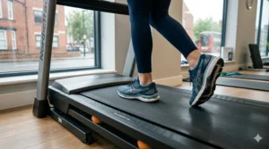 Diagram showing correct walking posture for low impact treadmill injury recovery to reduce joint strain.