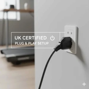 A close-up of a UK 3-pin power plug for an under desk treadmill, highlighting British safety standards and plug and play setup.