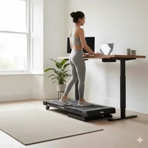 A flat-folding treadmill positioned under a standing desk in a home office, ideal for British terrace house workspace setups.