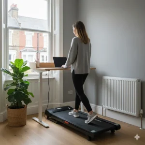 A woman using a walking pad treadmill under a standing desk in a compact home office nook by a sash window.