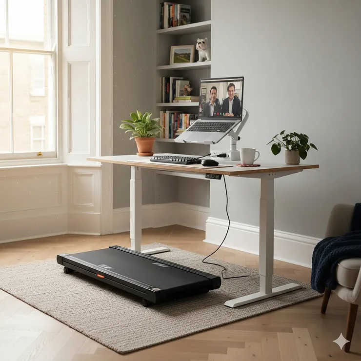 A professional home office setup in a UK flat featuring a compact under desk treadmill for working from home, positioned neatly under a height-adjustable standing desk. under desk treadmill for working from home