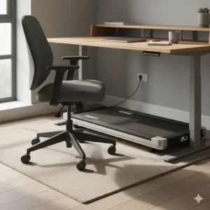 A slim walking pad tucked neatly under a desk, showing plenty of legroom for a standard office chair.