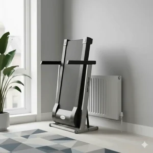 Space-saving treadmill standing upright in the corner of a studio flat near a white radiator.