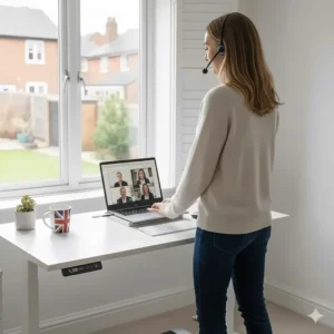 A professional taking a video call while walking at a steady pace on an under-desk treadmill.