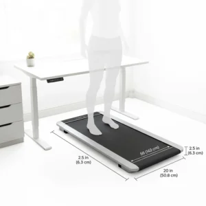 Close-up illustration showing the slim profile and dimensions of a walking pad for UK desks.