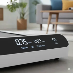 Close-up of an LED display on a walking pad showing distance covered, time elapsed, and calories burnt.