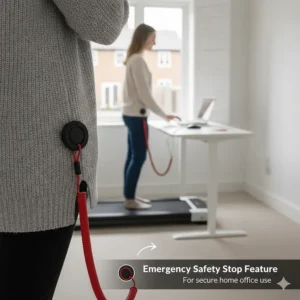 Close-up of a safety stop clip attached to a walking pad for secure home office use.