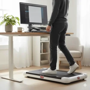 An under-desk walking pad paired with a standing desk for a healthy home office workstation setup.