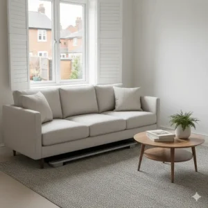 A foldable walking pad stored neatly under a sofa in a compact UK city flat.