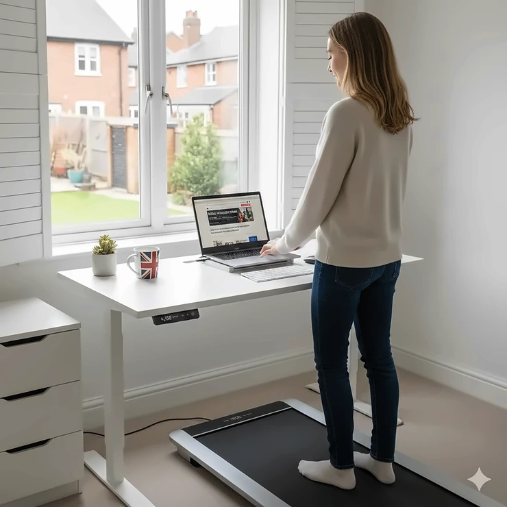 A professional home office setup in the UK featuring a slim walking pad under a height-adjustable standing desk. walking pad uk under desk work