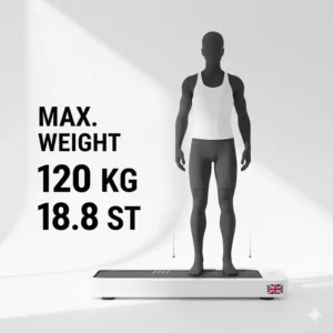 Graphic showing the maximum user weight capacity of a walking pad, with measurements in kilograms and stones.