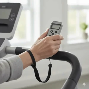 A simple handheld remote control with a wrist strap for easy speed adjustment while walking.