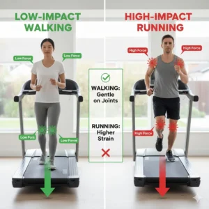 A graphic comparing the low impact of walking only on a treadmill versus the higher joint strain of running.