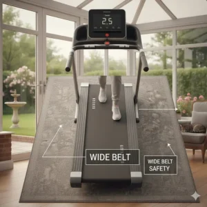 Alt text for image 8: A wide-angle view of a treadmill featuring an extra-wide, non-slip walking belt to provide a safer surface for seniors.