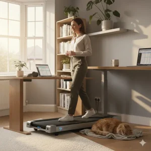A professional working on a laptop at a standing desk while walking at a slow pace on a space saving treadmill.