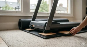 Heavy-duty anti-vibration pads placed under treadmill feet to reduce structure-borne impact noise in a British terrace house.