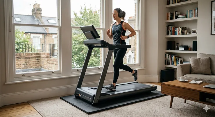 A person running on a high-quality quiet treadmill in a modern UK flat with noise-dampening mats to prevent disturbing downstairs neighbours. treadmill downstairs neighbours uk quiet