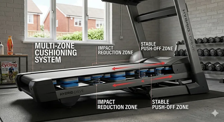A runner using a premium treadmill with shock absorption in a bright UK home gym, showing the cushioned running deck for joint protection. treadmill with shock absorption
