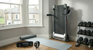 An illustration of a Bluetooth and ANT+ compatible chest strap and smartwatch positioned next to a UK home treadmill.