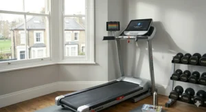 A wide shot of a treadmill deployed for use in a light-filled UK room, showing the Bluetooth-compatible interface ready for a workout.