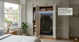Illustration of a built-in UK three-pin power socket and managed cable access inside a storage friendly treadmill wardrobe.