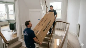 Two delivery men carrying a heavy treadmill box up a narrow staircase in a typical British converted flat.