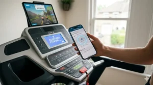 A close-up of a smartphone screen pairing with a treadmill via Bluetooth for a Zwift run, highlighting the "Connected" status.
