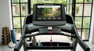 The digital display of an electric treadmill showing heart rate and distance, perfect for tracking daily workouts.
