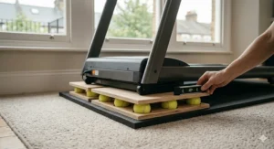 A DIY treadmill isolation platform using tennis balls and plywood to decouple the machine from wooden floorboards in a UK flat.