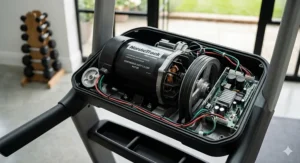Close-up of a powerful motor inside a reliable electric treadmill designed for daily use and long-distance running.