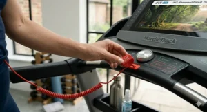 A red safety emergency stop clip attached to a reliable electric treadmill for secure daily home exercise.