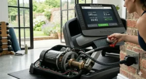 An energy-efficient, reliable electric treadmill plugged into a UK power socket, highlighting low energy consumption.
