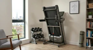 A compact, folding interactive treadmill with virtual routes stored neatly in a modern British flat.