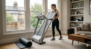 A woman folding a compact space-saving treadmill in a small UK spare room to maximise floor space and minimise noise.