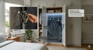 Close-up illustration of the smooth folding mechanism that allows the treadmill to be stored vertically inside a cupboard.