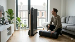 A space-saving folding treadmill being neatly stored upright in a small British apartment next to a grey sofa.