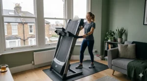 A woman folding a space-saving treadmill in a compact UK living room with traditional sash windows and a radiator.