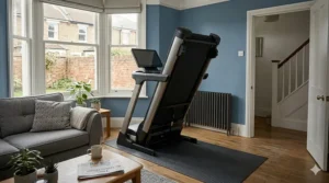 A sleek, folding treadmill in its upright storage position against a blue feature wall in a space-conscious British terraced home.