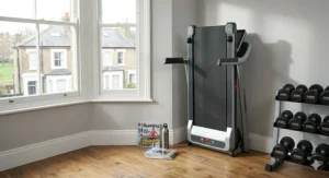 A compact folding treadmill stored in a Victorian-style UK home gym alongside York Fitness weights and British running magazines.