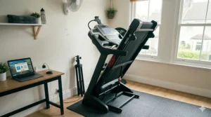 A space-saving folding treadmill in its upright storage position against a wall, demonstrating a practical UK home fitness setup.