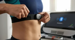 A close-up of a runner fastening a heart rate monitor chest strap that is wirelessly synchronising with a treadmill console via Bluetooth.
