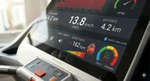 Close-up of a treadmill console displaying colour-coded heart rate zones, speed in km/h, and a 'DEVICE: chest_strap' connection status.