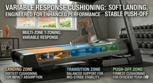 A heavy-duty treadmill frame designed for stability and joint protection, featuring a maximum user capacity of 25 stone.