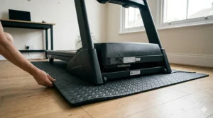 A high-quality rubber treadmill mat placed on a wooden floor in a UK flat to reduce noise and vibration during high-speed Zwift sessions.